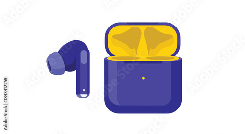 Wireless earbud and charging case, purple and yellow
