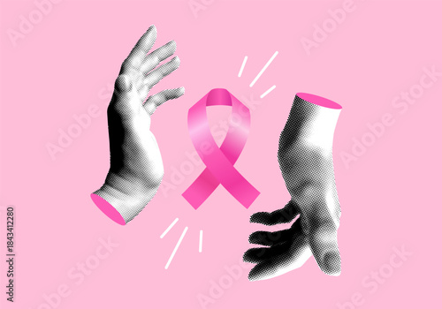 Halftone hands around pink ribbon symbolizing breast cancer. Illustration for Breast Cancer awareness month. Cancer prevention concept