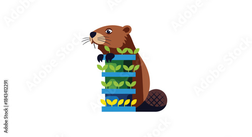 Flat-style beaver stands behind structure with green and yellow plants