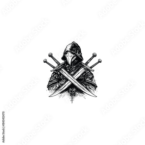 Plague doctor warrior with crossed swords in hand-drawn engraving style isolated on white background