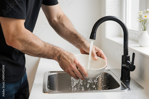 Wallpaper Mural Man washing a white bowl under running water in a modern kitchen sink Torontodigital.ca