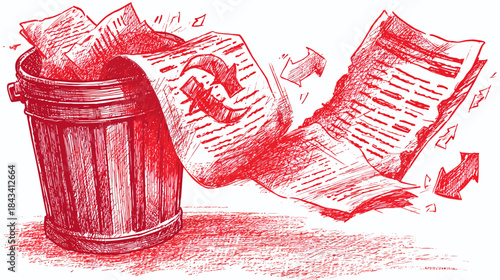 Hand-drawn red illustration of paper waste overflowing from a trash can with a recycle symbol, symbolizing sustainability and ecology.