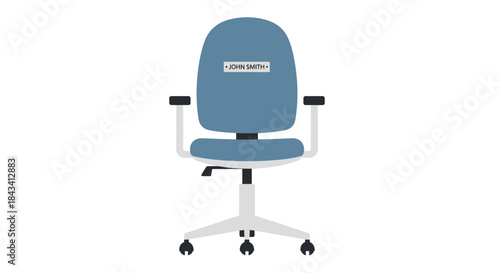 Blue office chair with "John Smith" nameplate