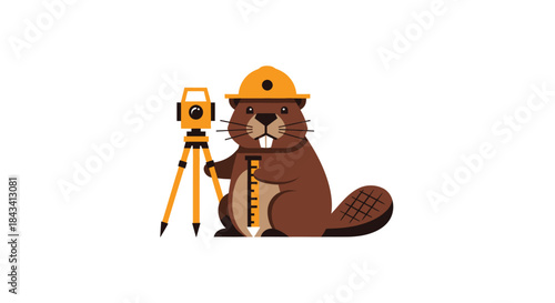 Cartoon beaver with hardhat, holding ruler next to yellow surveying instrument
