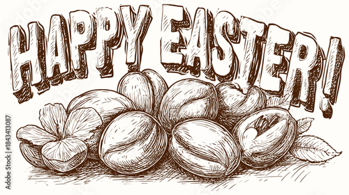 Happy Easter hand-drawn vintage sketch with decorative eggs and text. Traditional spring holiday celebration greeting card design.