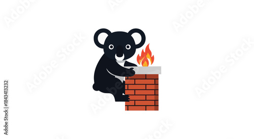 Cartoon koala clings to a brick chimney with flames