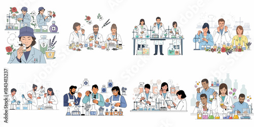 Collection of vector illustrations showing fragrance developers and cosmetic chemists working on perfume formulation, aroma analysis, and essential oil extraction in a laboratory.