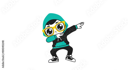 Cartoon kid in hoodie and glasses dabbing