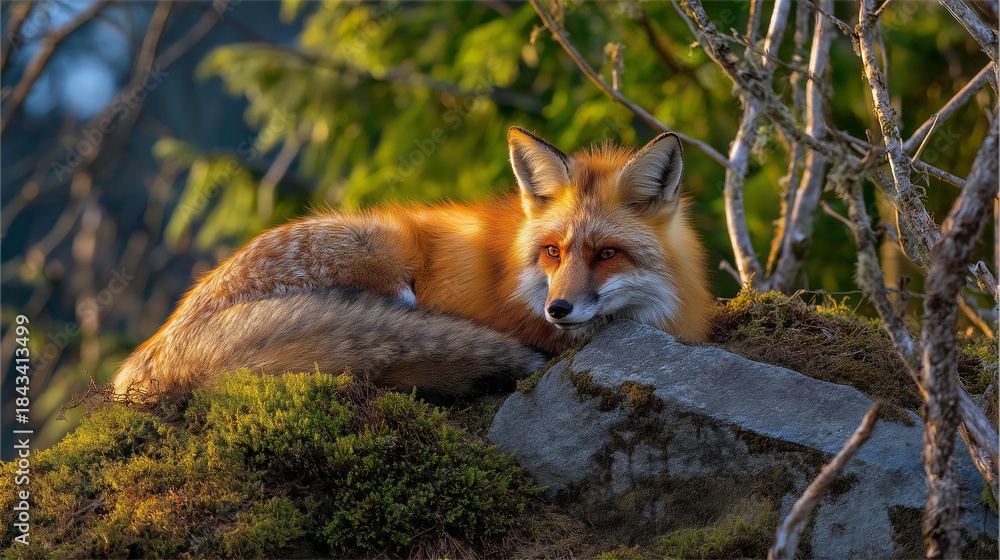 Obraz premium A fox resting atop moss-covered stone, warm orange fur blending with glowing late-afternoon forest palette