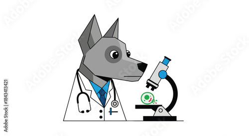 Dog doctor looks through a microscope