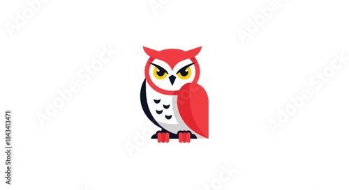 Cartoon owl with red feathers, yellow eyes, and a stern look