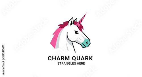 Minimalist unicorn logo pink mane, turquoise snout, striped horn