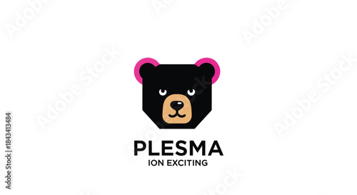 Geometric bear head logo in black with tan snout, pink ears on white