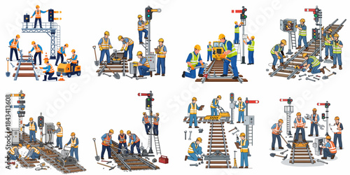 Railroad Maintenance Workers and Engineers Repairing Tracks and Signaling Systems Set, showing infrastructure construction and upkeep.