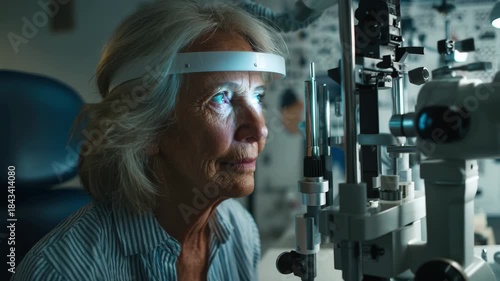 Elderly Woman Undergoing Eye Examination with Ophthalmic Machine senior ophthalmology