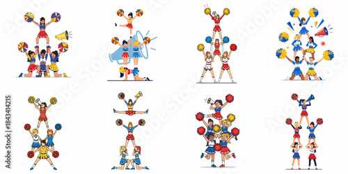 Energetic Cheerleader Squads Performing Pyramids and Stunts. A collection of diverse illustrations showing spirit, teamwork, and athletic performance.