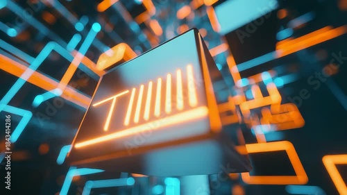 Abstract network of glowing orange and blue lines and cubes representing data flow, digital communication, and future technology transforming cyberspace with interconnected information