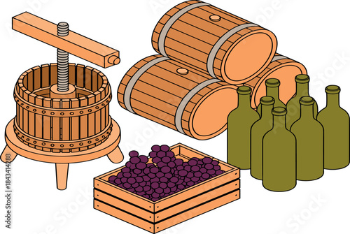 Wine production illustration set featuring grape press, wooden barrels, fresh grapes crate, and glass bottles in clean vector style