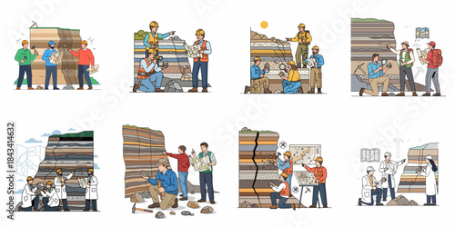 Collection of scenes depicting geologists and engineers analyzing geological strata, exposed rock layers, and subsurface formations during fieldwork and surveying projects.