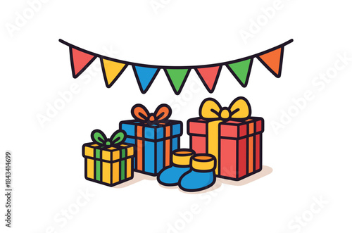 Flat vector illustration of bright baby shower decor setup with vivid bunting gifts and tiny booties rounded shapes clean outline clean white background