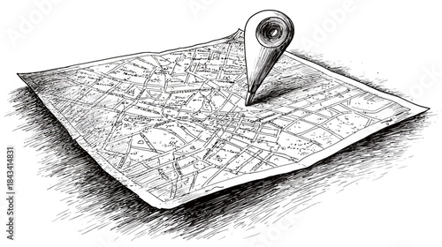 Detailed hand-drawn black and white map illustration with a prominent location pin, symbolizing travel, navigation, and discovery.
