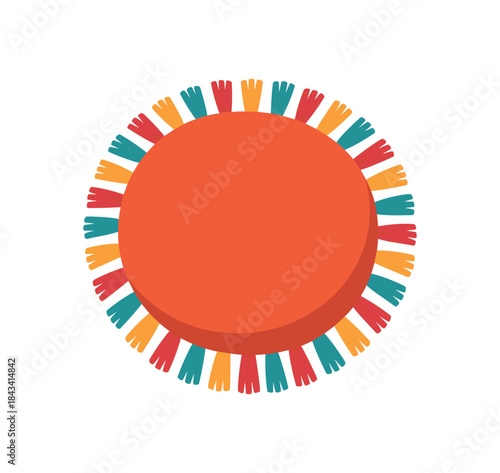Flat vector illustration of colorful decorative pillow with vivid fringe edges rounded form minimal details