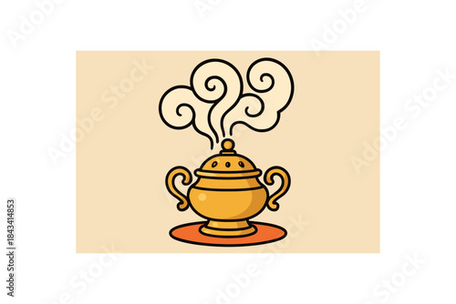 Flat vector illustration of bright tabletop incense burner with bold smoke curls rounded silhouette clean outline