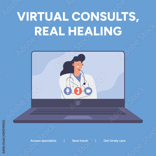Virtual consults, real healing, vector illustration of healthcare and technology, telemedicine and healthcare concept