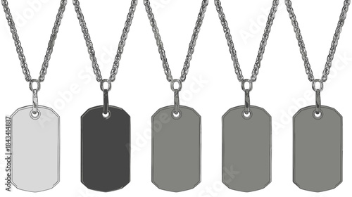 Row of Five Blank Military Dog Tags on Chains in Grayscale Shades, Isolated on White Background for Identification