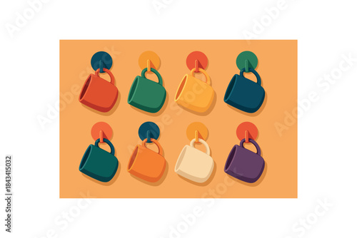 Flat vector illustration of colorful ceramic mugs displayed on bold hooks rounded forms