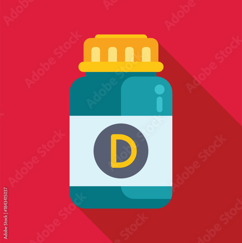 Vitamin d supplement bottle featuring a flat design with a long shadow on a red background