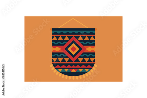 Flat vector illustration of colorful tapestry with vivid tribal pattern rounded fringe minimal detail