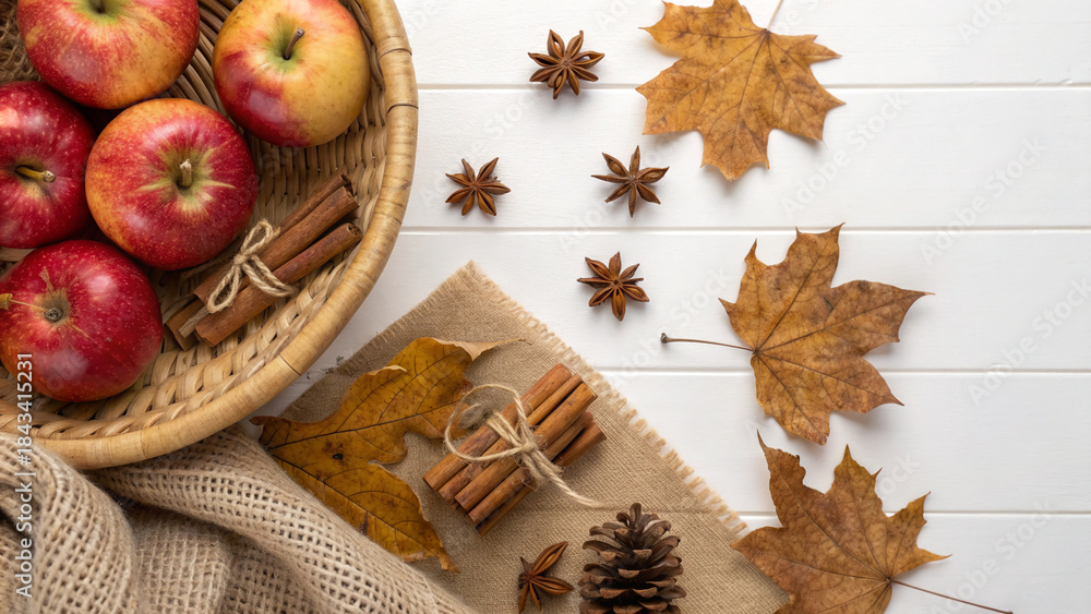 custom made wallpaper toronto digitalBasket of apples with cinnamon sticks and autumn leaves on a white wooden surface