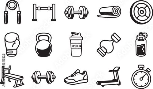 A monochrome fitness equipment icon set. Illustrates essential tools for physical training, designed for clarity and impact, perfect for digital or print.