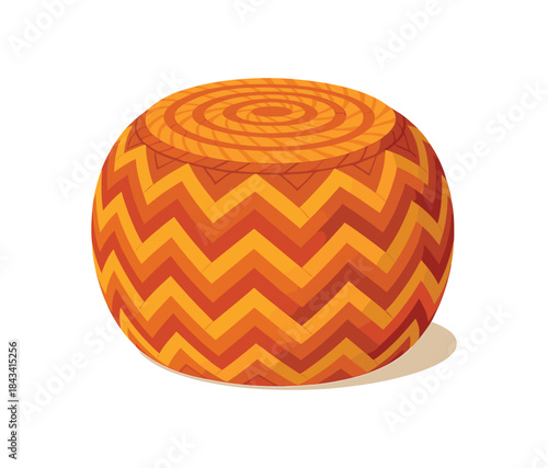 Flat vector illustration of bright woven pouf with bold zigzag pattern rounded shape clean vector look