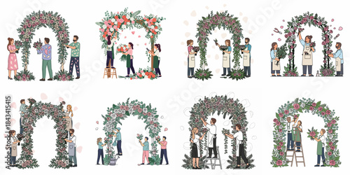 Set of illustrations showing florists creating and decorating large floral wedding arches with beautiful roses and lush green foliage.