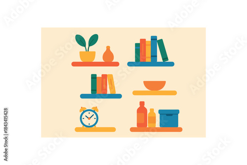 Flat vector illustration of colorful shelves arranged asymmetrically vivid items rounded edges minimal details