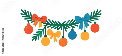 Flat vector illustration of colorful garland of pine branches with vivid ornaments and bows rounded shapes minimal details