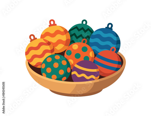 Flat vector illustration of colorful ornament balls bowl with vivid patterns rounded shapes clean flat vector look