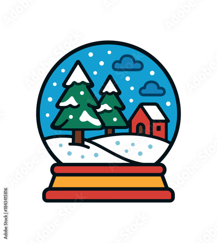Flat vector illustration of colorful snow globe with vivid base and winter scene inside rounded shapes