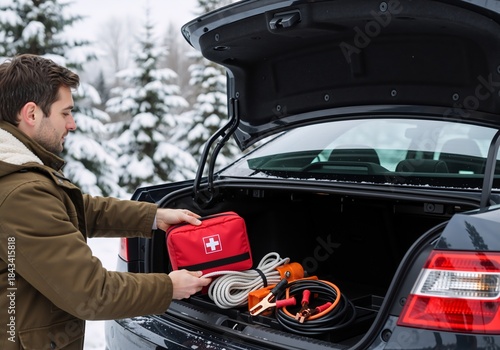 A person preparing for a winter road trip, getting ready for emergencies