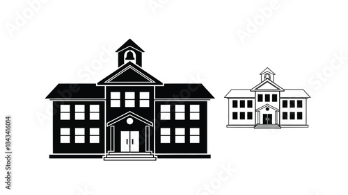 Simple black and white illustration of two classic schoolhouse buildings
