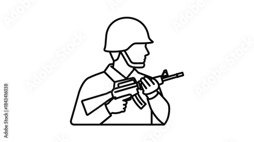 Soldier with helmet and rifle a simple black and white line drawing