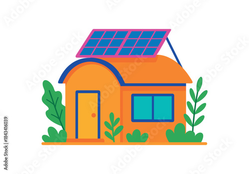 Flat vector illustration of colorful house with vivid solar panels and plants rounded roofline minimal details sustainable living
