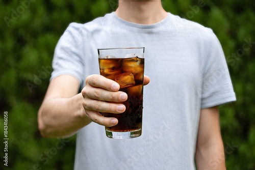 Man Holding Glass of Iced Soda on a Summer Day