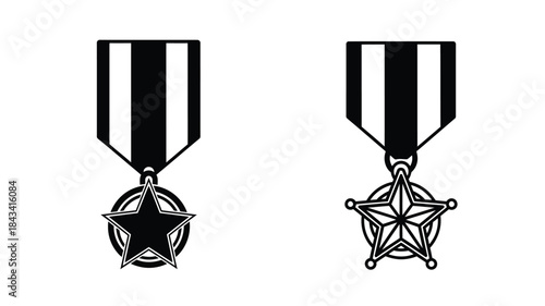 Two black and white military medals with star shaped central designs