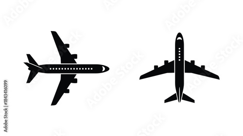 Two black airplane silhouettes viewed from above on a white background