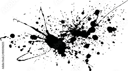 Abstract black ink splatter and paint splash grunge texture on white background. Messy liquid drop and stain design element.