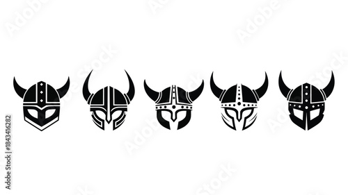 A collection of five black and white viking helmet illustrations in a row