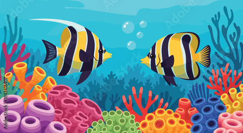 A vibrant underwater cartoon scene with two Moorish idol fish swimming among colorful coral reefs in the blue ocean water.